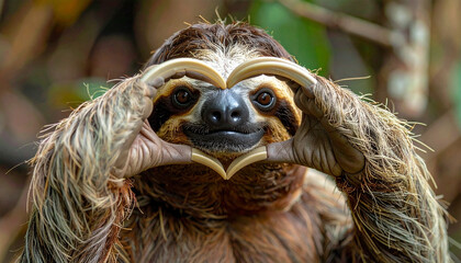 Obraz premium Faultier formt mit seinen Händen vor seinem Gesicht ein Herz