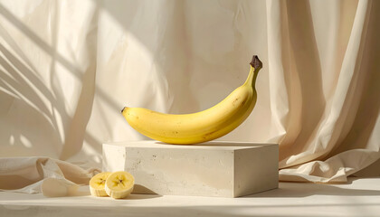 Single ripe yellow banana rests on a textured concrete pedestal with sliced banana pieces nearby in soft natural light against a draped cream fabric background with palm leaf shadows