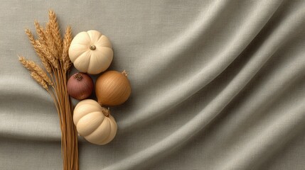 Elegant Arrangement of Decorative Pumpkins and Wheat Stalks on Soft Fabric Background for Autumn, Harvest, and Seasonal Decor Concepts