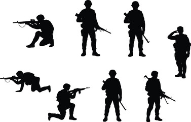 Soldiers in various combat and salute positions in black silhouette