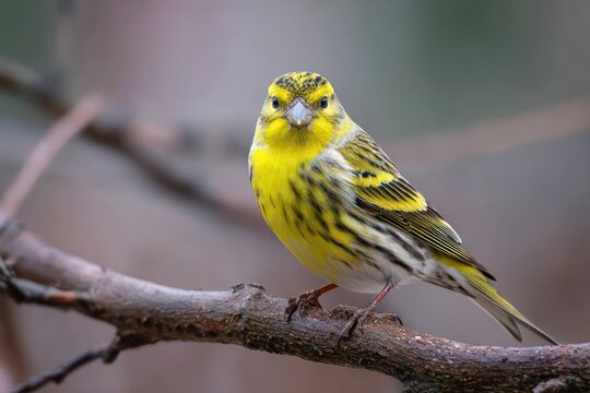 Curious serin finch on a garden branch