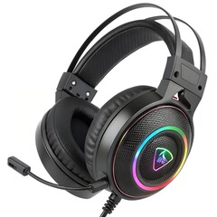 Gaming Headphone with RGB lighting, side view, detailed textured grip, macro shot, isolated on white background