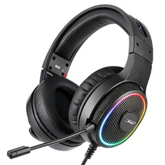 Gaming Headphone with RGB lighting, side view, detailed textured grip, macro shot, isolated on white background