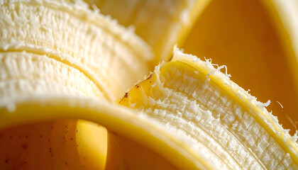 Close Up Macro Shot Of A Ripe Yellow Banana Partially Peeled Revealing Its Textured Flesh With Soft Sunlight Illumination
