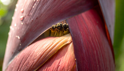Close up of a deep red banana flower bud with yellow stamens and water droplets glistening in bright sunlight outdoors with soft green blurred background