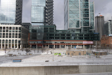 Naklejka premium King West Village, or the multi-unit, mixed-use complex with The Well, a shopping mall, facing Front St W (between Bathurst and Spadina), viewed from Iceboat Terrace, Toronto