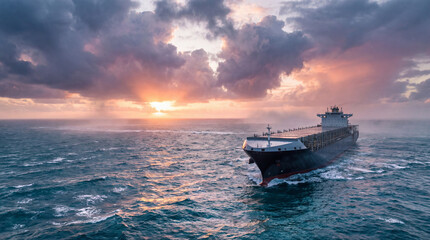 Naklejka premium Large Ship Sailing Across Dramatic Open Ocean