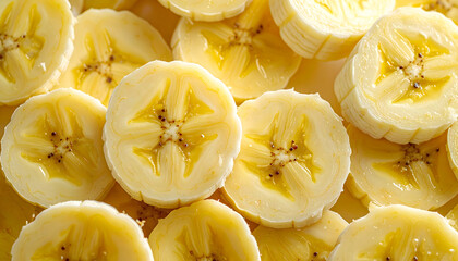 Close up of a pile of fresh sliced yellow bananas with glistening sweet fruit pulp and visible seeds in bright natural light perfect for healthy eating and desserts