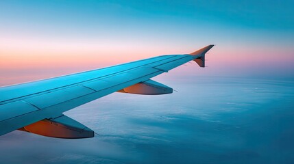 Fototapeta premium Serene Aerial View from Airplane Wing Over Calm Ocean During Sunset with Vibrant Colors of Sky and Smooth Horizon Captured at 30,000 Feet