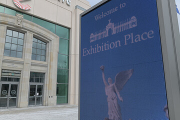Naklejka premium LED sign board at Exhibition Place (with one entrance to the Enercare Building or National Trade Centre), Toronto