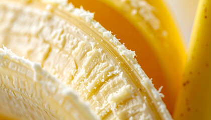 Extreme Close-Up Macro Shot of Peeled Banana Revealing Creamy Yellow Texture and White Fibers Against a Soft Blurry Background With Subtle Lighting Highlighting the Fruit's Natural Detail