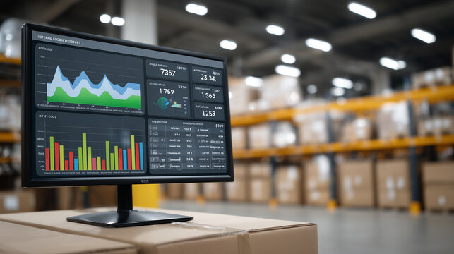 Digital inventory control dashboard on computer monitor, warehouse management software visualizing stock movement in real time, colorful graphs and icons, storage facility softly b