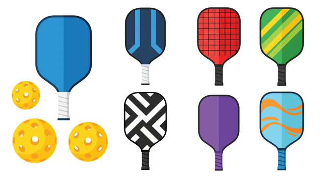 Collection of colorful pickleball paddles and balls in a linear arrangement