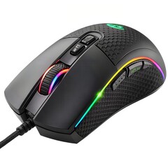 Gaming mouse with RGB lighting, side view, detailed textured grip, macro shot, isolated on white background