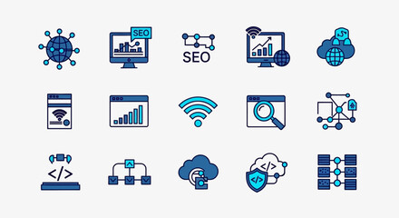 Collection of Modern Technology and Internet Icons with a Blue and Teal Color Scheme