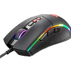 Gaming mouse with RGB lighting, side view, detailed textured grip, macro shot, isolated on white background