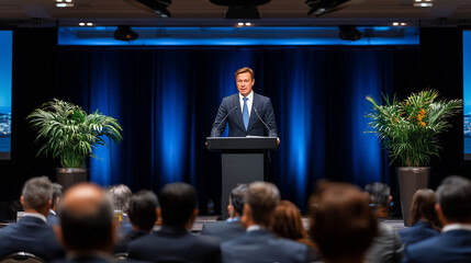 Fototapeta premium Executive training conference with keynote presentation, speaker delivering speech to full audience, corporate professionals in formal attire, large screen visuals and modern sound