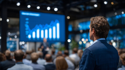 Obraz premium Investor pitch event at business conference, speaker presenting financial data on large screen, audience of corporate managers and investors watching attentively, professional ligh
