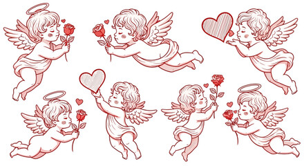 Fototapeta premium Charming Vector Collection of Cute Cherubs Holding Roses and Hearts
