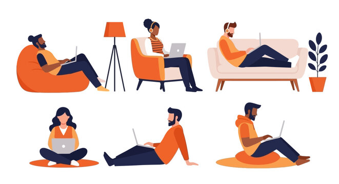 Diverse People Working Remotely on Laptops, Relaxing and Studying