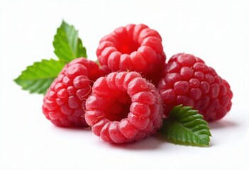 Fresh Raspberries with Green Leaves on a White Background