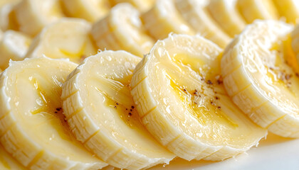 Close up of freshly sliced ripe yellow bananas arranged in a row with visible seeds and subtle brown specks illuminated by soft natural light creating a healthy breakfast food aesthetic