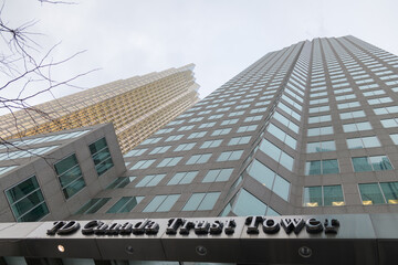 Naklejka premium skyward oblique angle view of TD Canada Trust Tower, a business center, located at 161 Bay St, Toronto