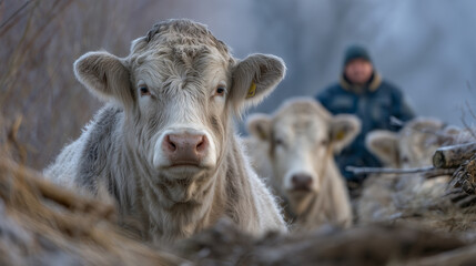 Fototapeta premium Faceless cows standing near feeding area in countryside, farmer raising and caring for livestock, winter farming scene with bare trees and frosty ground, sustainable beef industry