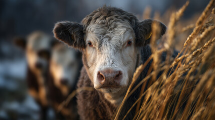 Winter countryside scene with faceless cows, farmer feeding livestock in grass field, calm rural atmosphere, responsible animal husbandry and beef industry representation
