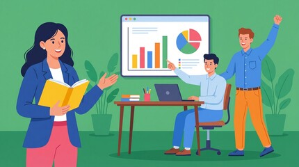 Young business team collaborating on data analysis project with colorful charts and graphs on screen