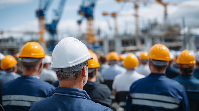 Group of faceless construction workers during safety orientation, industrial meeting outdoors on building site, professional coordination and training environment, cranes and concr