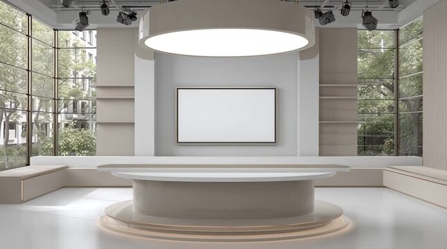 Minimalist news studio with neutral branding colors and clean design. Empty background with ample copy space for text overlay, ideal for broadcast graphics and media presentations.
