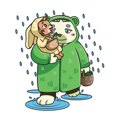 vector cartoon cute simple lovely couple polar bear carry rabbit girlfriend in raincoats while raining carrying baskets full of vegetables