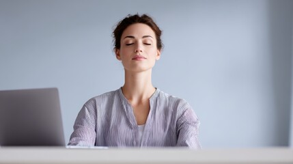 Woman meditating at office desk with laptop, workplace mindfulness and stress management