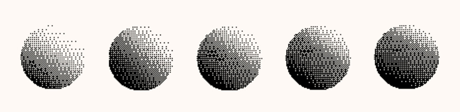 The texture bitmap dither pixel gradient effect spheres set isolated, abstract halftone effects for a computer retro game, vector creative concept, Y2K pixelated art, grain, noise, tone, grunge style.