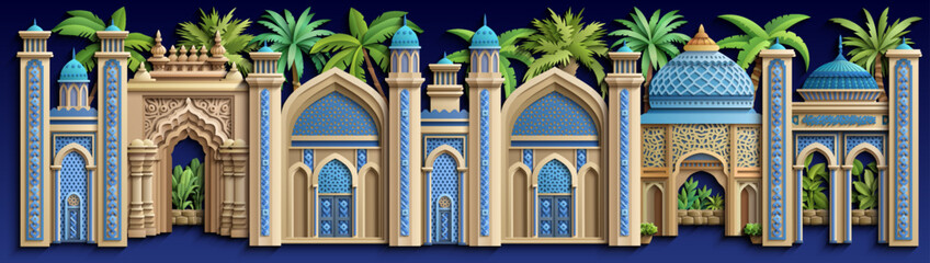 Obraz premium Colorful vector illustration of an Islamic palace or mosque with arches, domes, minarets, and palm trees. Funny ornamental architecture for travel, culture, and branding use