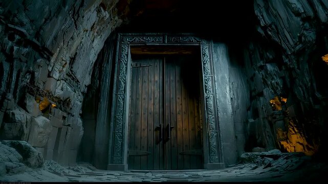 Ancient stone doorway deep inside underground cavern illuminated by dim torchlight creating dramatic mysterious interior passage
