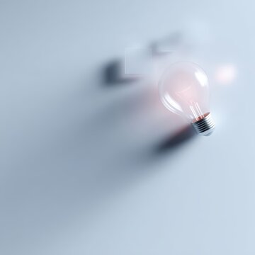 Minimal flat lay with glowing light bulb and abstract tech icons, clarifying complex ideas and innovation strategy concept, soft shadow, copy space