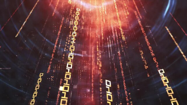 Abstract digital stream of binary code with futuristic digital data stream on a dark background featuring  and a dynamic code rain overlay effect