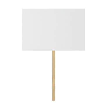 Blank white rectangular protest sign or placard on a wooden stick, isolated on white or transparent background