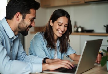 Young Couple Collaborating on a Laptop in a Modern Kitchen, Sharing Laughter and Ideas