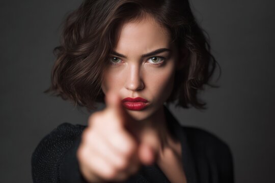 Serious female pointing finger in authoritative manner