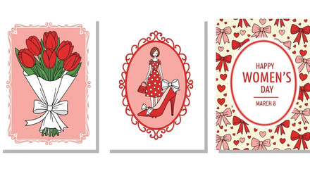 Naklejka premium Happy Women's Day Illustrations: Tulips, Fashionable Woman, and Bows