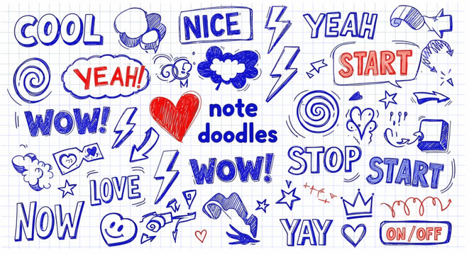 Hand-Drawn Doodle Collection: Words, Symbols, and Shapes on Grid Paper Background