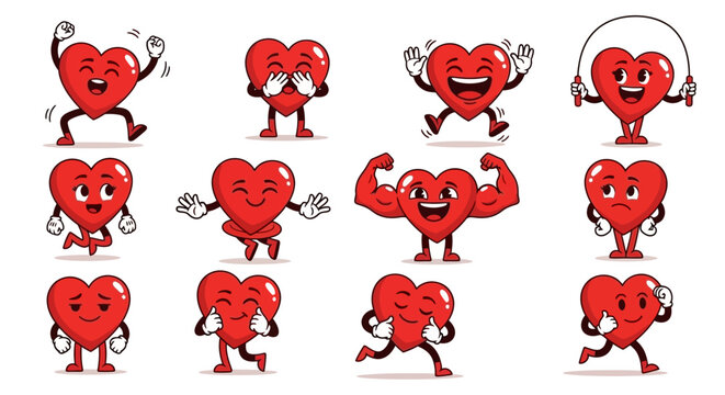 Set of Diverse Cartoon Heart Characters Expressing Various Emotions and Activities