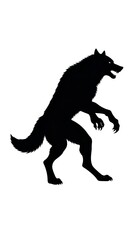 Obraz premium A silhouette of a werewolf, standing on its hind legs with claws extended, posed against a stark white backdrop