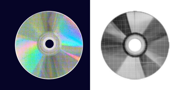 Compact disc graphic in black and white with halftone dots. Retro grunge CD cut-out collage element in Y2K pop art style for music, computer, mixed media and trendy vintage design..eps