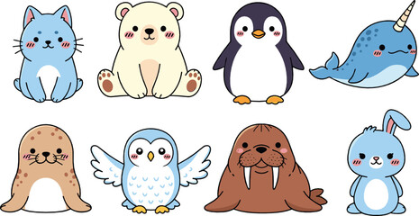 Cute arctic animals vector set with polar bear, penguin, seal, walrus, narwhal, owl, rabbit, and adorable kawaii wildlife characters © MdNazmul