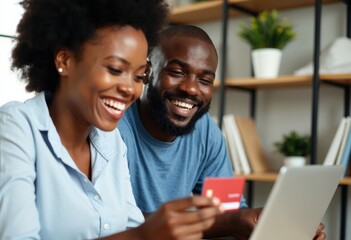 Happy Couple Engaging in Online Shopping Together with a Laptop and Credit Card