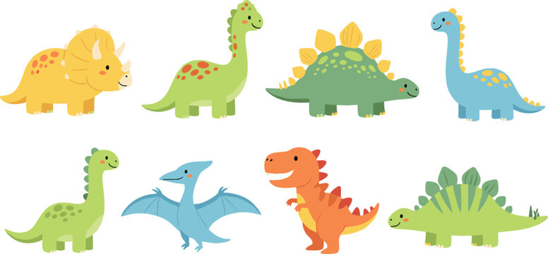 Cute cartoon dinosaur vector set with colorful prehistoric animals, friendly dinos, stegosaurus, triceratops, pterodactyl, and fun kids characters